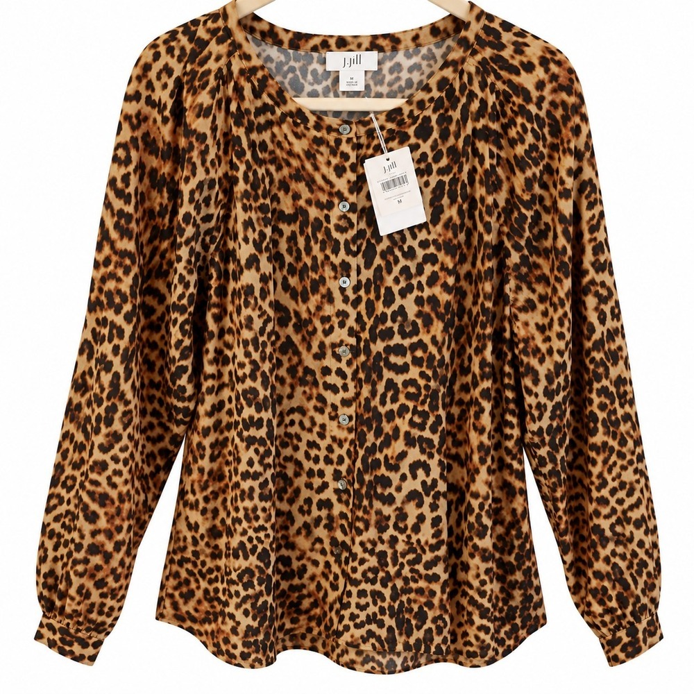 J Jill Blouse Med Leopard Print Rayon Henley Womens NWT Long Sleeve Relaxed Fit